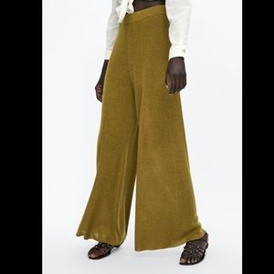Zara khaki green linen knit flared palazzo pants